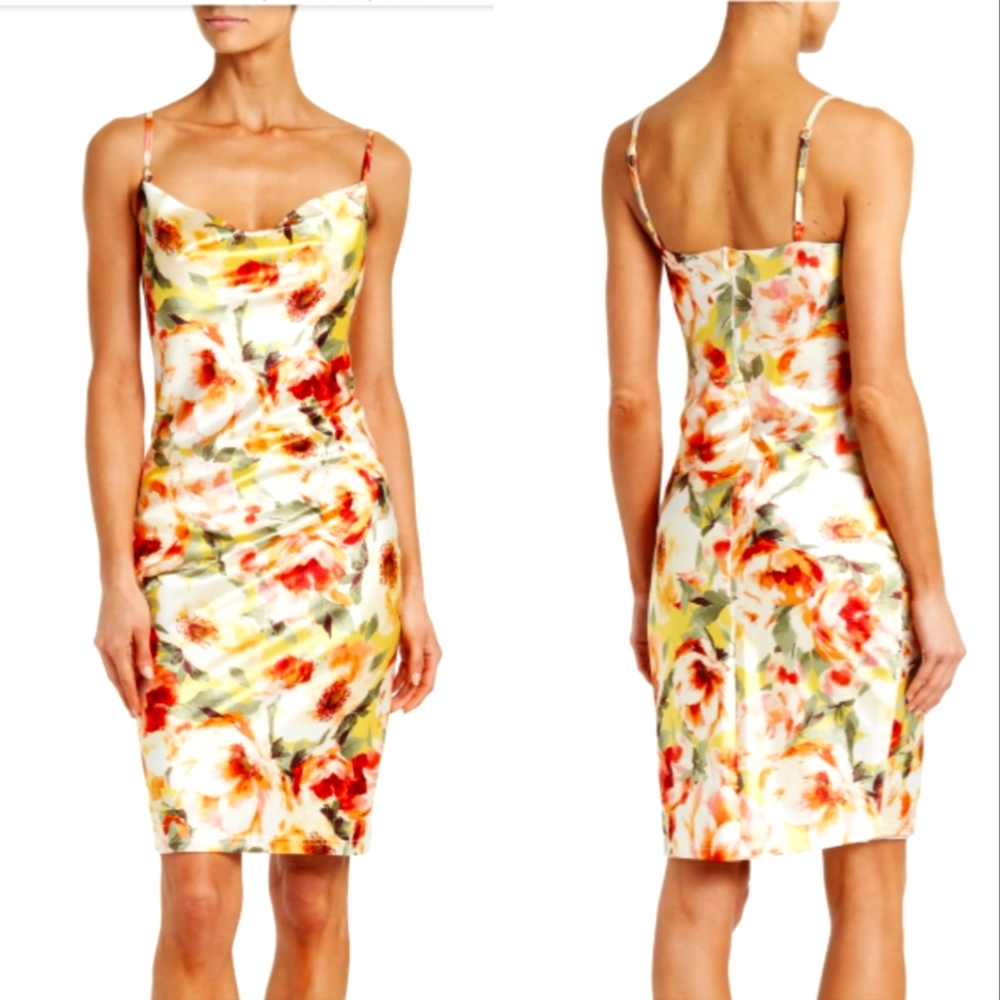 Nwt Love X Design Yellow/ Peach Floral Draped Neckline Stretch Dress